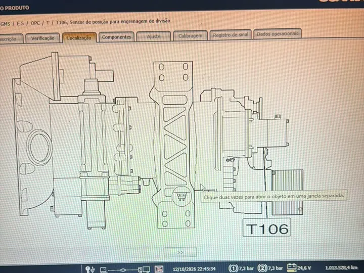 Tela do diagnóstico Scania mostrando onde fica o sensor T106 no câmbio